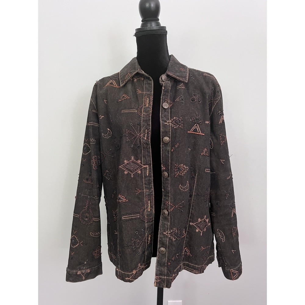 Chicos Size 2 Washed Black Embroidered Beaded Silk Lined Denim Jacket Cotton - Picture 1 of 9